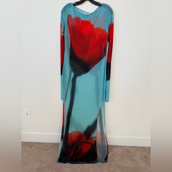 Rat & Boa Blue Red Floral Tulip Sheer Santino Maxi dress long sleeve XL NWOT - Picture 5 of 9